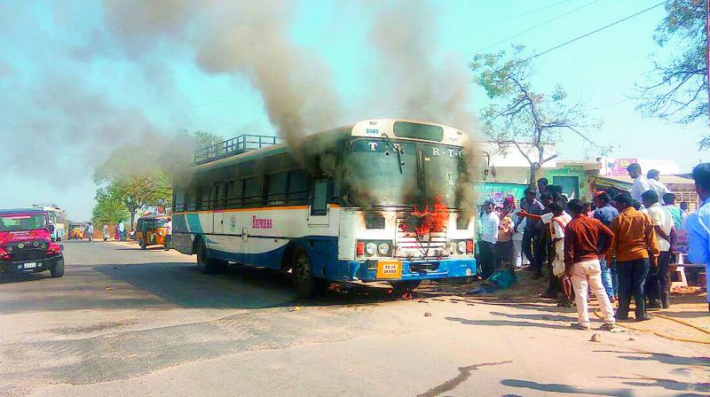 The RTC bus ablaze at Kulcharam village.