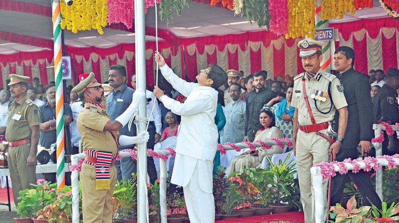 Lt Governor Kiran Bedi  unfurls the national flag at the Republic Day  celebrations, Puducherry, on Friday. (Photo: DC)