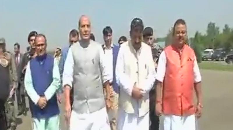 Union Home Minister Rajnath Singh on Saturday reached Srinagar for his four-day visit to Jammu and Kashmir. (Photo: ANI/Twitter)