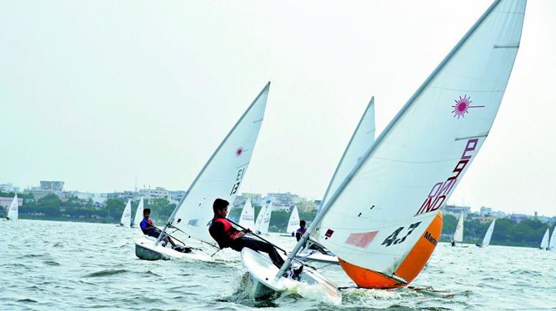 Action from the third day of the Hyderabad Sailing Week at the Hussainsagar lake on Thursday.