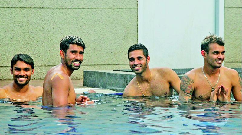 Sunrisers Hyderabad players are all smiles during a recovery session in pool on Monday. (Photo: Twitter)