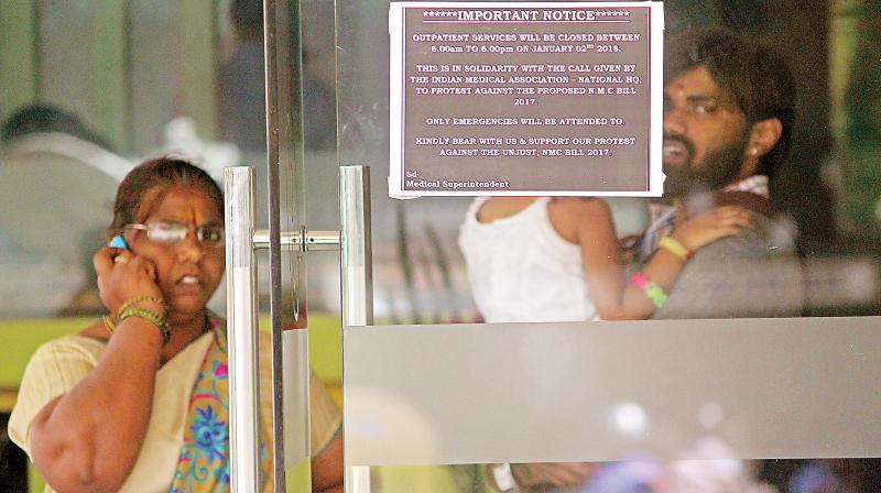 Patients at Mahaveer Jain Hospital during the doctors strike called by IMA, in Bengaluru on Tuesday. (Photo: DC)