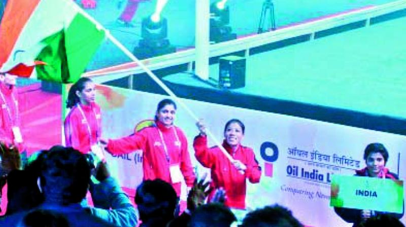 Mary Kom leads Indian team during the opening ceremony of the Womens Boxing Worlds.