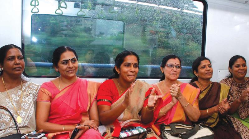 Kochi Mayor Soumini Jain and corporation and municipal councillors travel in Kochi Metro on Monday. (Photo: PRD)