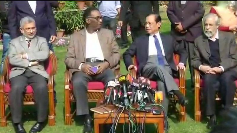 The four  Justices J Chelameswar, Justices Ranjan Gogoi, Madan Lokur and Kurien Joseph  addressed the media at Justice Chelameswars home. (Photo: ANI)