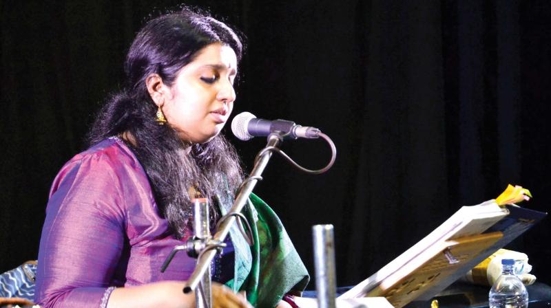 Sajna Vinish performs marathon carnatic concert at Ganesam auditorium in Thiruvananthapuram. The concert that started at 3.15 am on Monday is expected to conclude after 36 hours.(Photo: Peethambaran Payyeri)