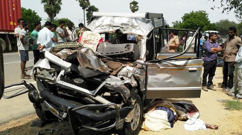 Mangled remains of vehicle near Katpadi in Vellore on Tuesday. (Photo: DC)