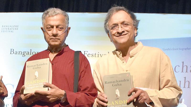 Girish Karnad (L) and Ramachandra Guha at the launch of the book, Gandhi: The Years That Changed the World, in Bengaluru on Sunday.