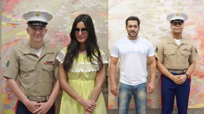 Katrina Kaif and Salman Khan posed for pictures with the Marines stationed at US Consulate Mumbai. Although the exact purpose of their visit remains unknown, it has been reported to take travelling tips from the officers (Pic courtesy: Twitter/ USAndMumbai).