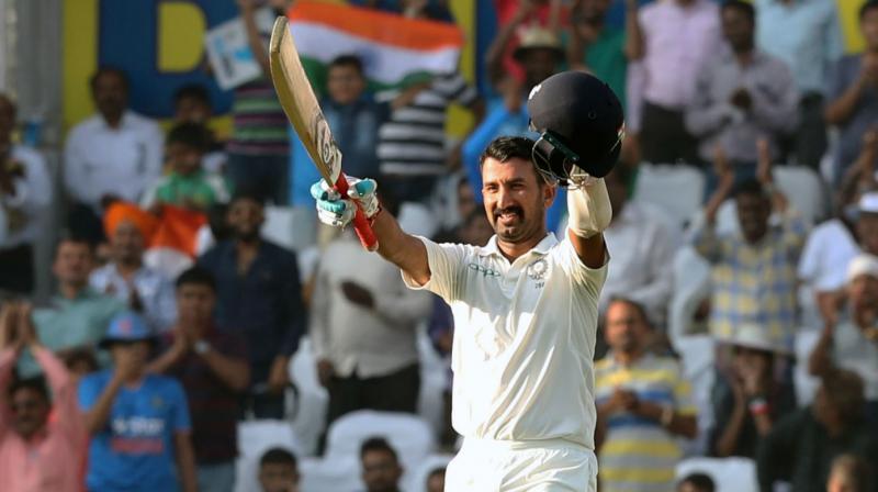 Indias middle-order batsman Cheteshwar Pujara improved a place to grab the third spot in the latest ICC Test Player Rankings here on Tuesday.(Photo: BCCI)