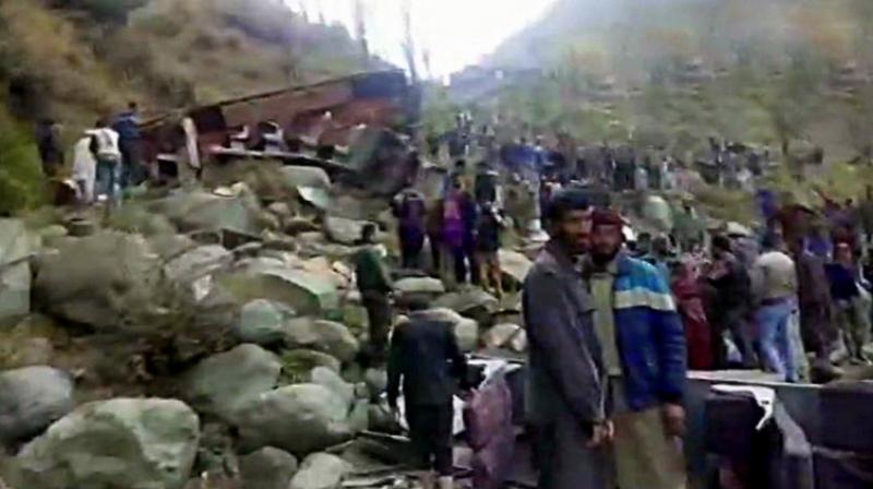 11 people were killed and several others injured after a bus they were travelling in skidded off the road and fell into a deep gorge in Jammu and Kashmirs Poonch district. (Photo: ANI)