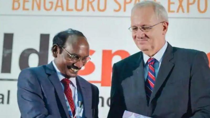 ISRO chairman K Sivan (left) and French space agency President Jean-Yves Le Gall during the inauguration of the 6th Bengaluru Space Expo 2018. (Photo: PTI)