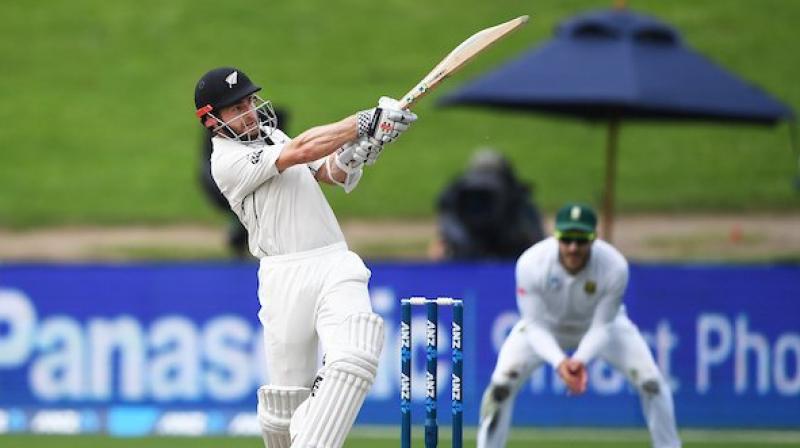 Kane Williamson reached the milestone with a four off Dean Elgar during New Zealands first innings against South Africa on day three of the third Test in Hamilton. (Photo: NZC)