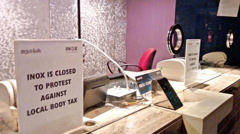 INOX theatre in Citi Centre near R.K. Salai downs its shutters on Tuesday protesting against double taxation.(Photo: DC)