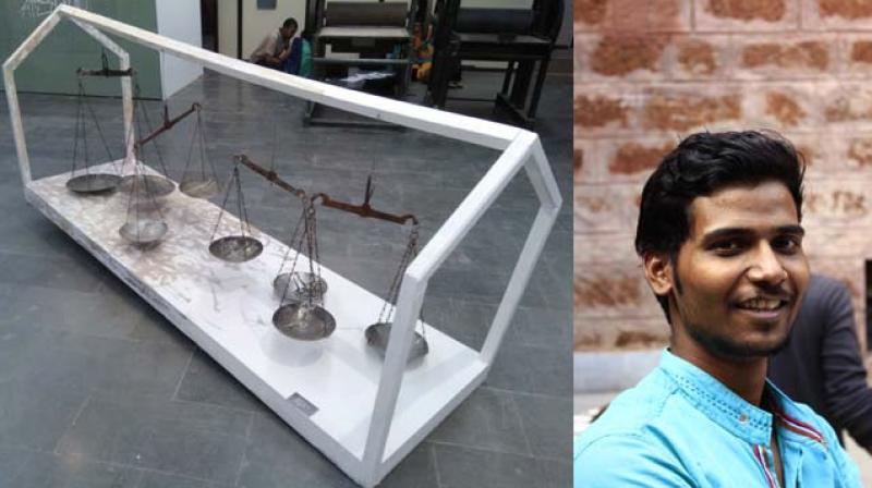 Transformation of profession: Ranjeet Kumars mixed media work contains four sets of installed manual measuring scales. The base of the scale is covered with intricate drawings that support his dialogue about professional paradigms and social pressures.