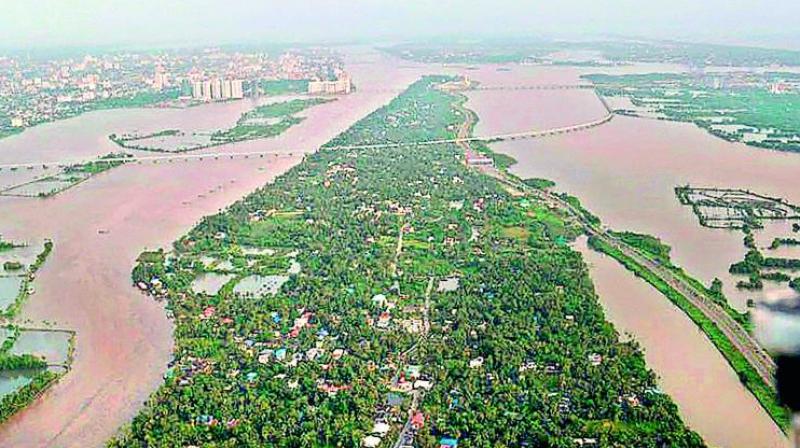 An aerial view of the floods in Aluva after heavy rains, in Kerala.	(Photo: PTI)