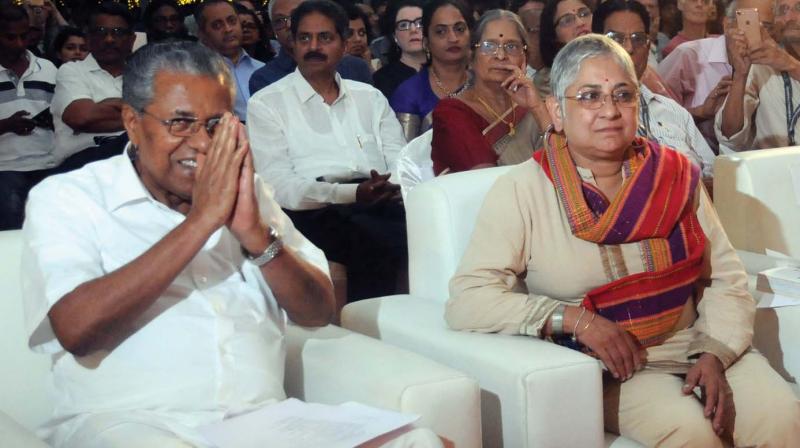 Chief minister Pinarayi Vijayan and curator Anita Dube at the inauguration of Kochi Biennale 2018 on Wednesday.  (ARUN CHANDRABOSE)