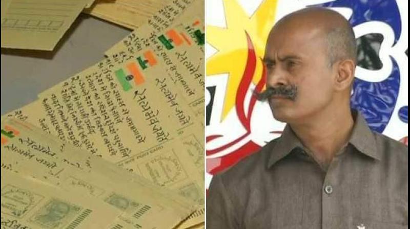 On the postcard that he sends, Jitendra Singh Gurjar carefully sketches the Indian flag and writes Satyamev Jayate (truth triumphs) next to it. (Photo: Twitter | ANI)