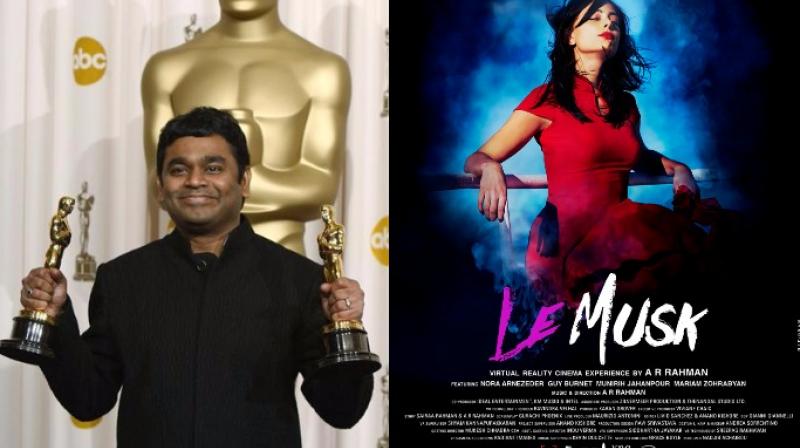 A.R. Rahman holding his Oscar trophies (L) and actress Nora Arnezeder in a poster from Rahmans directorial debut Le Musk.