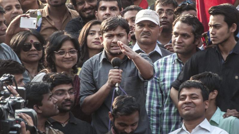 Kanhaiya Kumar, former President of the Jawaharlal Nehru University Students Union addresses JNU students during their protest march against ABVP at North Campus in New Delhi. (Photo: PTI)
