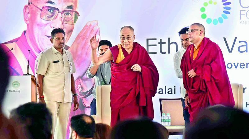 The Dalai Lama and minister K.T.Rama Rao (partially) seen at the foundation laying ceremony of the Dalai Lama Centre in Hyderabad on Sunday.
