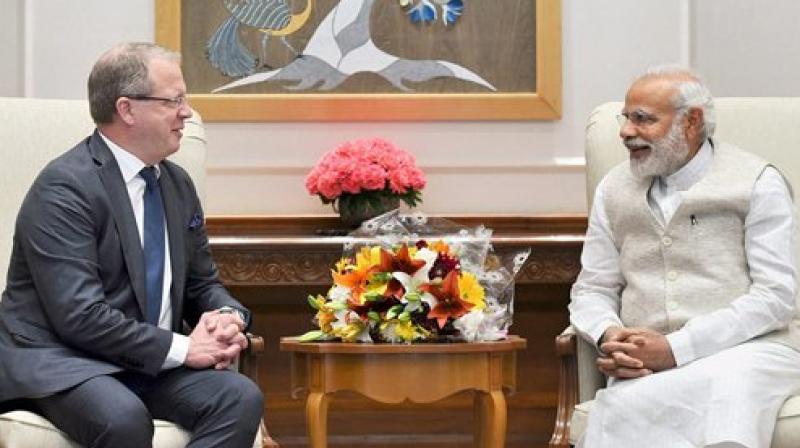 Prime Minister Narendra Modi with Group President and CEO AB Volvo, Martin Lundstedt in a meeting in New Delhi on Monday. (Photo: PTI)