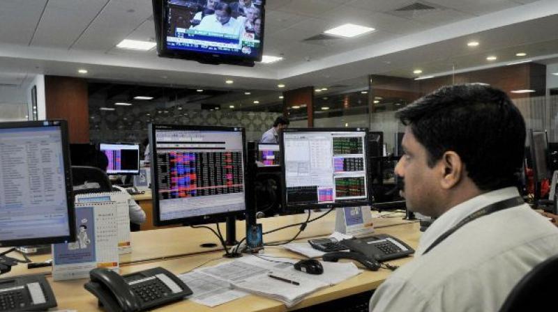 The NSE 50-share Nifty too was down 10.25 points or 0.11 per cent to quote at 9,116.60.