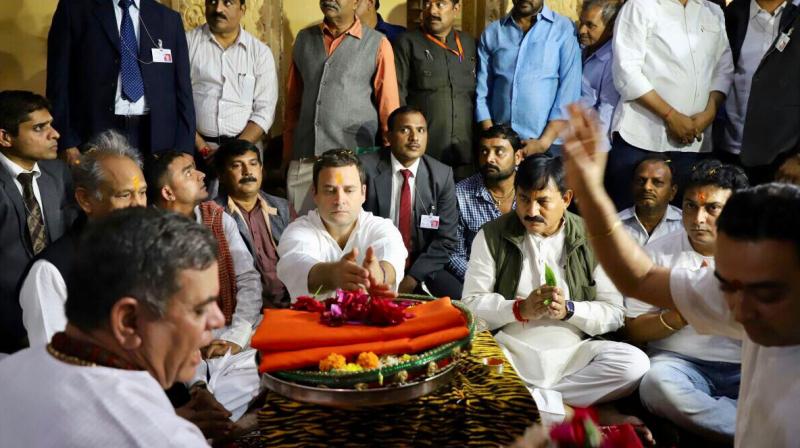Congress president Rahul Gandhi on Saturday visited the Somnath temple in Gir Somnath district, ahead of his meeting with party leaders to introspect on the Gujarat Assembly polls. (Photo: Twitter | @INCIndia)