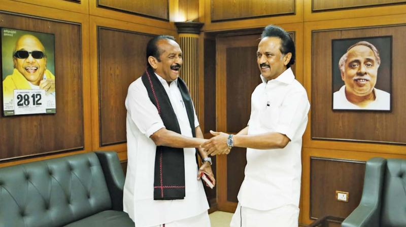 MDMK chief Vaiko meets DMK president M.K. Stalin at Anna Arivalayam in Chennai on Wednesday. (Photo: DC)