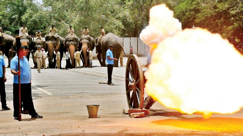 The cannon fire rehearsal for Dasara elephants was conducted in Mysuru on Friday ahead of the festival celebration