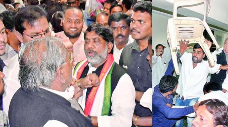 The divided Congress OBC leaders clash among each other during felicitation of CLP leader Mallu Bhatti Vikramarka at Gandhi Bhavan. 	 S. Surender Reddy