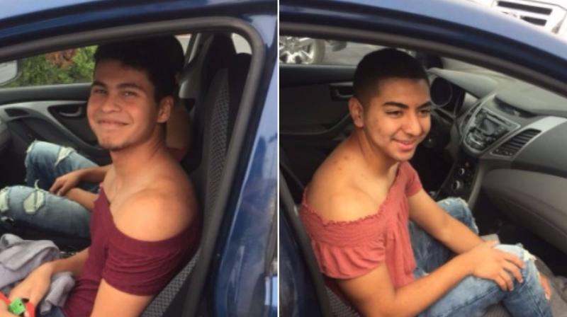 High school boys wear off-the-shoulder tops to protest against schools dress code in the U.S. (Photo: Twitter / chadya_acosta)