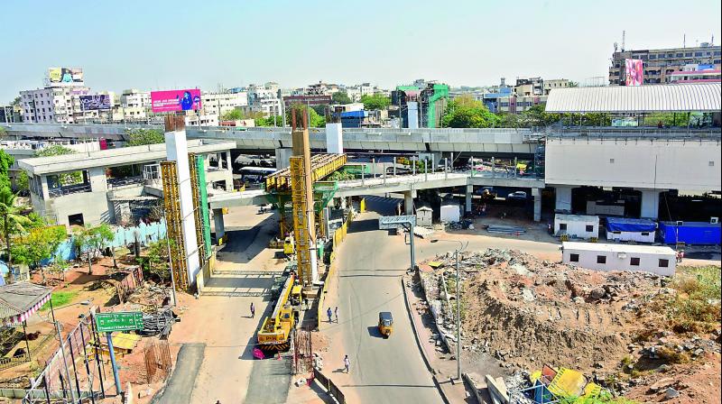 A view of the Hyderabad Metro Rail (HMR) being constructed near YMCA on SP road in Secunderabad. (Photo: DC)