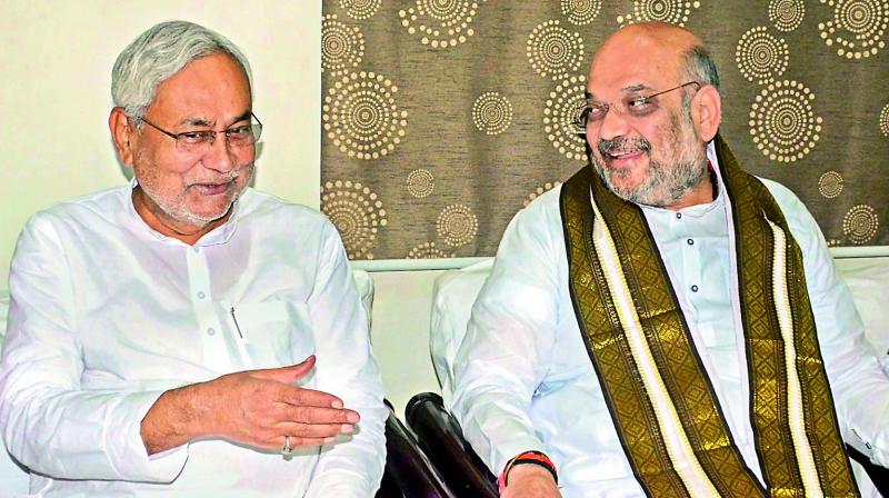 Bihar Chief Minister Nitish Kumar and BJP chief Amit Shah during a meeting in Patna on Thursday. (Photo: PTI)