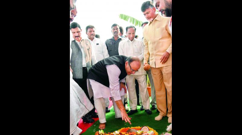 Union minister Arun Jaitley, along with Chief Minister N. Chandrababu Naidu and others, performs puja during the Amaravati core capital foundation stone laying ceremony  on Friday. (Photo: E. Tejo roy)