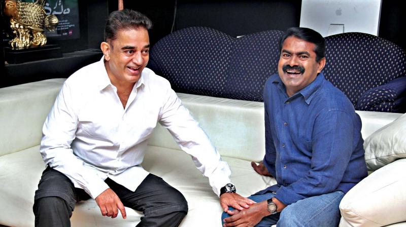 Naam Tamilar Katchi leader and Tamil film  director Seeman calls on actor-politician Kamal Haasan at his office on Tuesday. (Photo: DC)