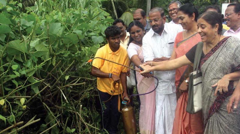 Mayor Soumini Jain, education standing committee chairperson Poornima Narayan, Health committee chairperson V.K Minimol and CPM councilor K.J Antony spraying the new larvicide introduced by the city corporation for mosquito control. (Photo: DC)