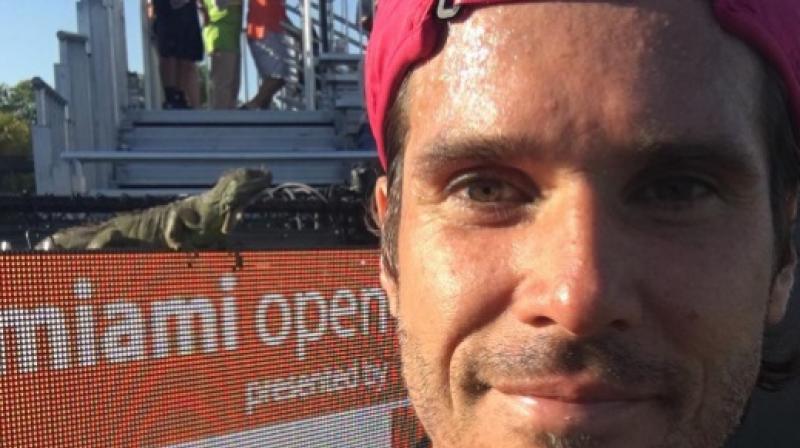 Tommy Haas posted a selfie with iguana, which stopped his Miami Open match against Jiri Vesely, saying:  Special selfie @miamiopen , thanks for coming out to watch some Tennis.  (Photo: Tommy Haas Official Instagram)