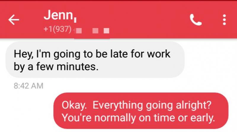 On Imgur, an online image sharing community, user CainMolir shared a screenshot of an exchange between her and employee Jenn who sent a message intimating that shed be late to work. (Photo: Imgur/ CainMolir)