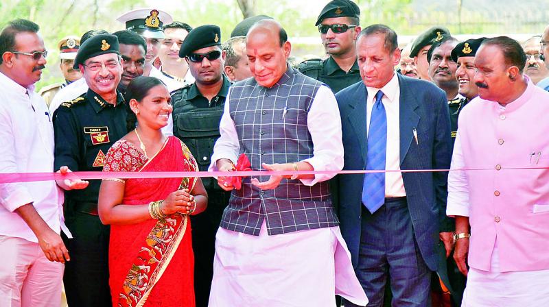 Rajnath Singh, Union Minister for Home Affairs, inaugurates the 28 Special Composite Group Complex of the National Security Guard in presence of Governor ESL Narasimhan at Vinoba Nagar in Ibrahimpatnam on Tuesday. (Photo: S. Surender Reddy)
