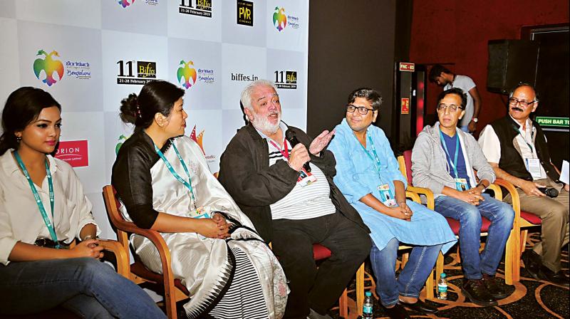 (L-R) Rahul Rawail, Somendra Harsh, Ravi Bharwani, Dr Nagathihalli Chandrashekhar at the open forum at BIFFES 2019.