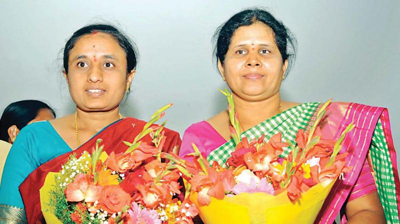 Parimala Shyam of the JD(S) and M.V. Gowramma Somashekar of the Congress, who were elected president and vice-president of the Mysuru ZP on Saturday.