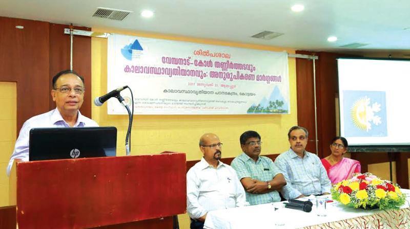 Dr E.J James, Member, Central Wetland Regulatory Authority, inaugurates the workshop. (From left) Dr George Chackacherry, Director, Institute for Climate Change Studies, Dr K.G Padmakumar, Director, International Centre for Below Sea Level Farming, Dr Nagendra Prabu, Professor, SD College, and Dr S. Leenakumary, Professor, Kerala Agriculture University, are also seen. (Photo: DC)