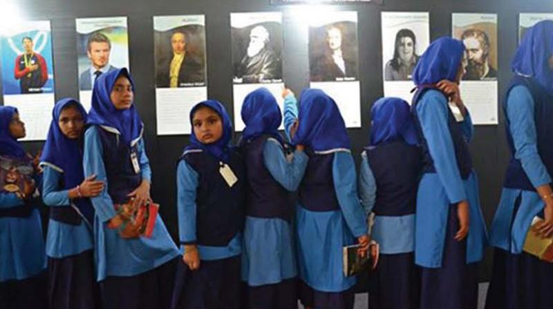 Students on a visit to the MedeEx expo in thiruvananthapuram on Tuesday. 	BY ARRANGEMENT