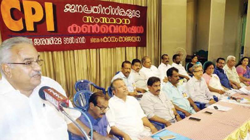 CPI state secretary Kanam Rajendran speaks at the state-level meeting of CPI representatives in civic bodies held in Thrissur on Saturday. (Photo: DC)