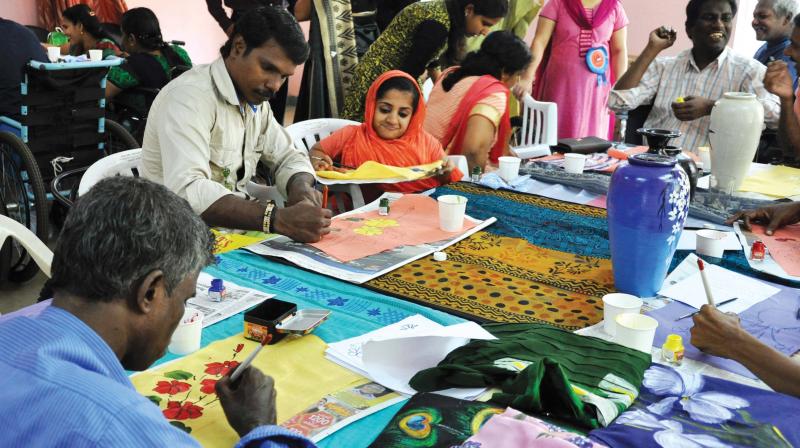 Terminally-ill patients during the training session in fabric painting at Institute of Palliative Medicine, Kozhikode on Saturday. (Photo:  DC)