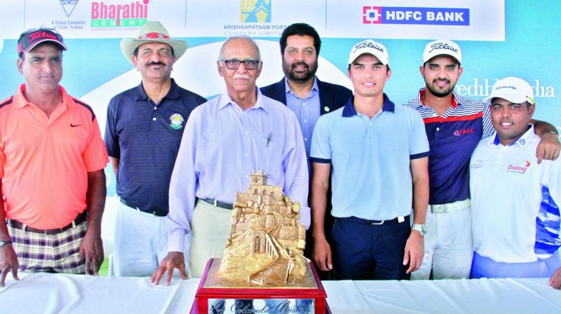 Golfer Mukesh Kumar (from left), C. Dayakar Reddy (Captain, HGA), J Vikramdev Rao (President, HGA), Uttam Singh Mundy (Director, PGTI), golfers Ajeetesh Sandhu, Khalin Joshi and Mithun Perera pose with the Golconda Masters trophy at the Hyderabad Golf Club on Wednesday.