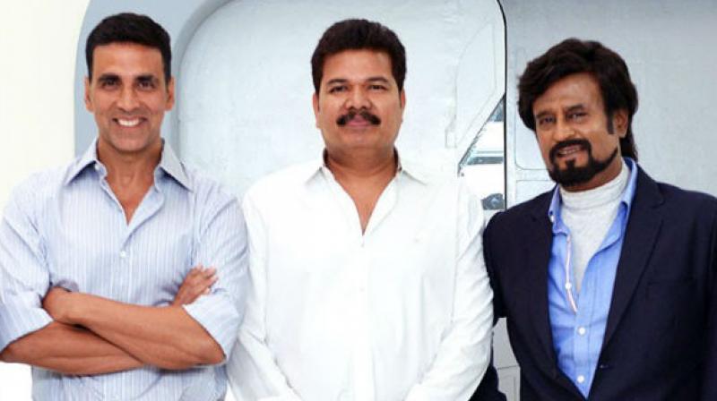 Akshay Kumar, director S. Shankar and Rajinikanth.