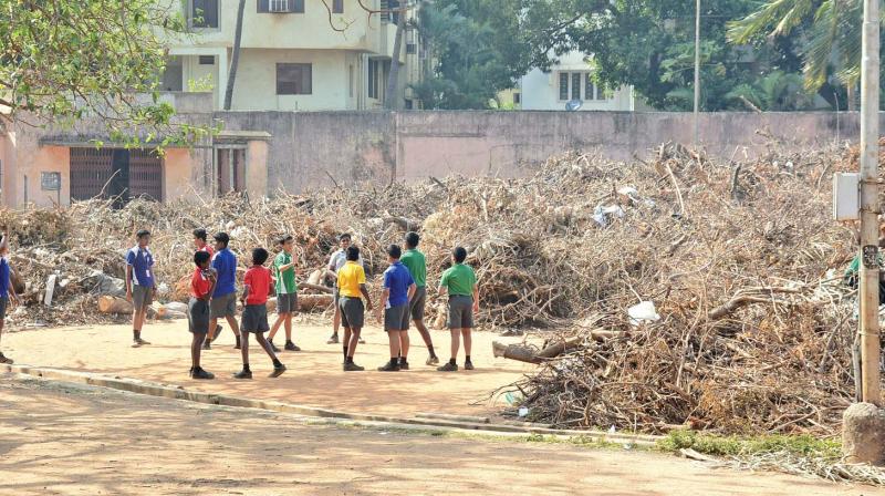 A corporation playground at Gopalapuram filled with tree debris, leaving lesser play-area. (Photo: DC)