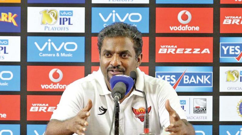 Sunrisers Hyderabads bowling coach Muttiah Muralitharan at a media interaction on Thursday. (Photo: BCCI)